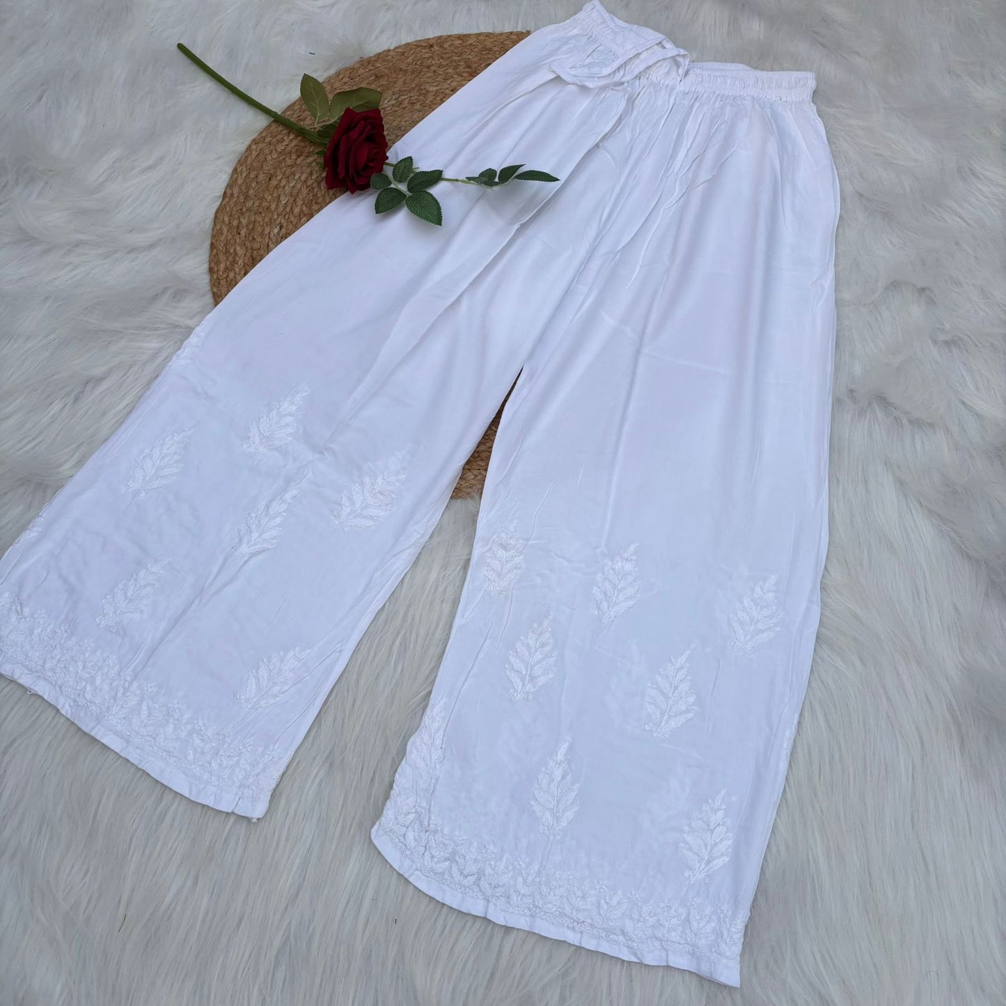 Arfa Rayon Lucknowi Chikankari Plazo - White Colour - Chikankaar