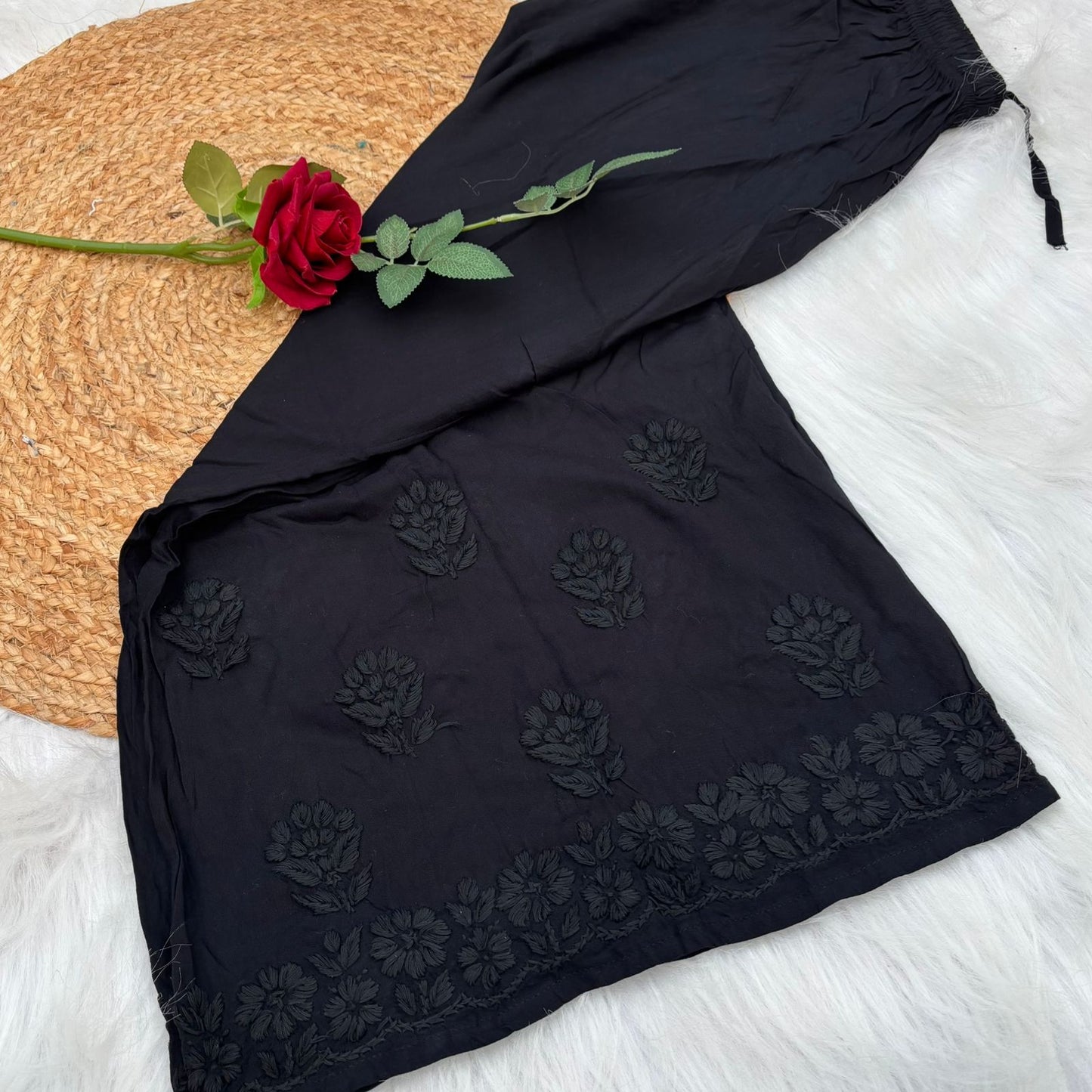 Arfa Rayon Lucknowi Chikankari Plazo - Black Colour - Chikankaar
