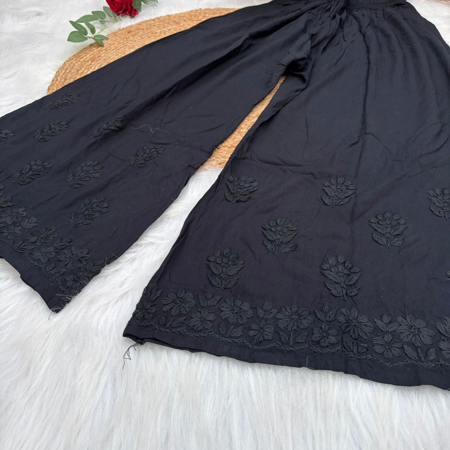 Arfa Rayon Lucknowi Chikankari Plazo - Black Colour - Chikankaar