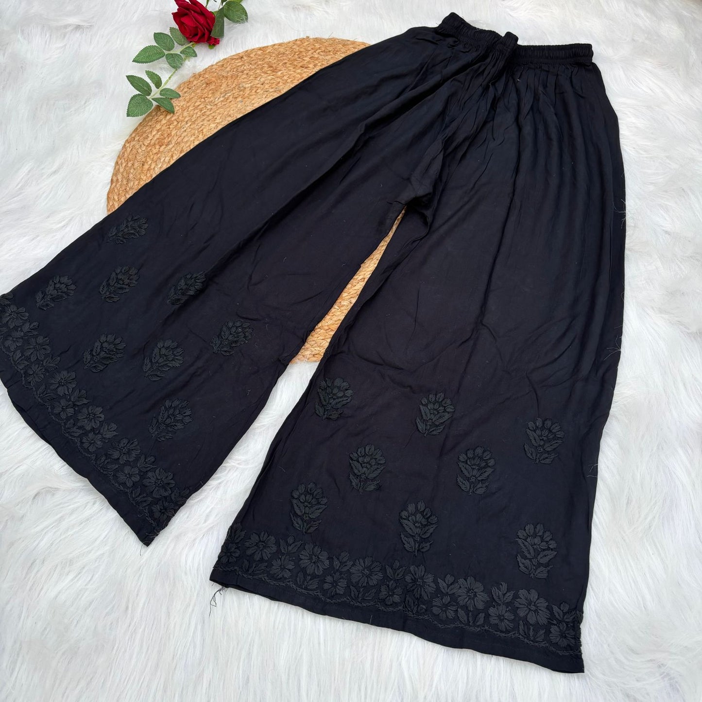 Arfa Rayon Lucknowi Chikankari Plazo - Black Colour - Chikankaar