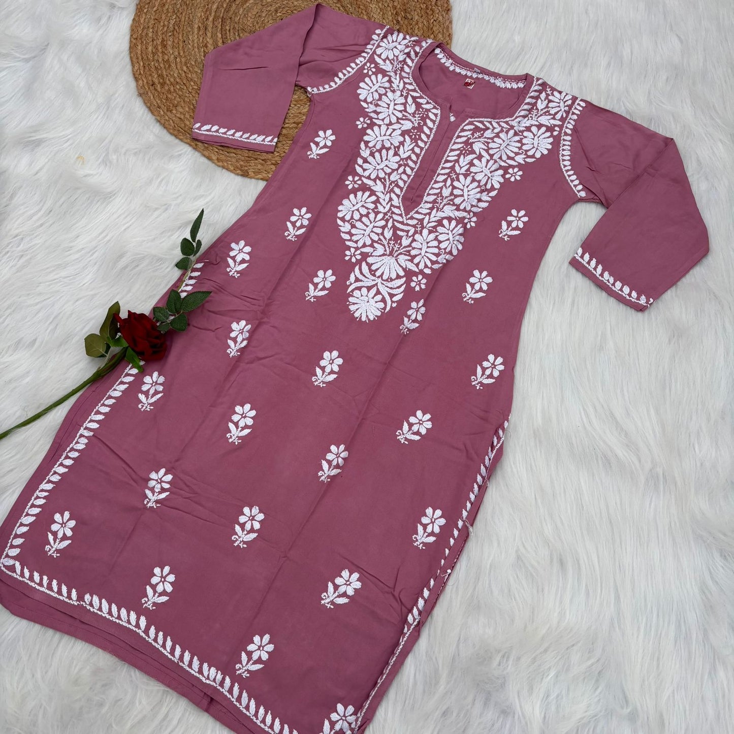 Hiba Soft Rayon Chikankari Kurti - Blush Colour - Chikankaar
