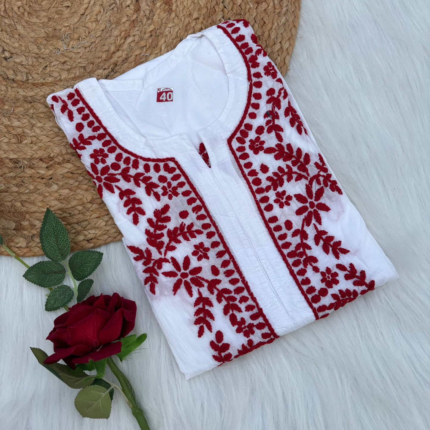 Shraddha Kapoor Inspired Pure Cotton Chikankari Kurti - Red Colour - Chikankaar