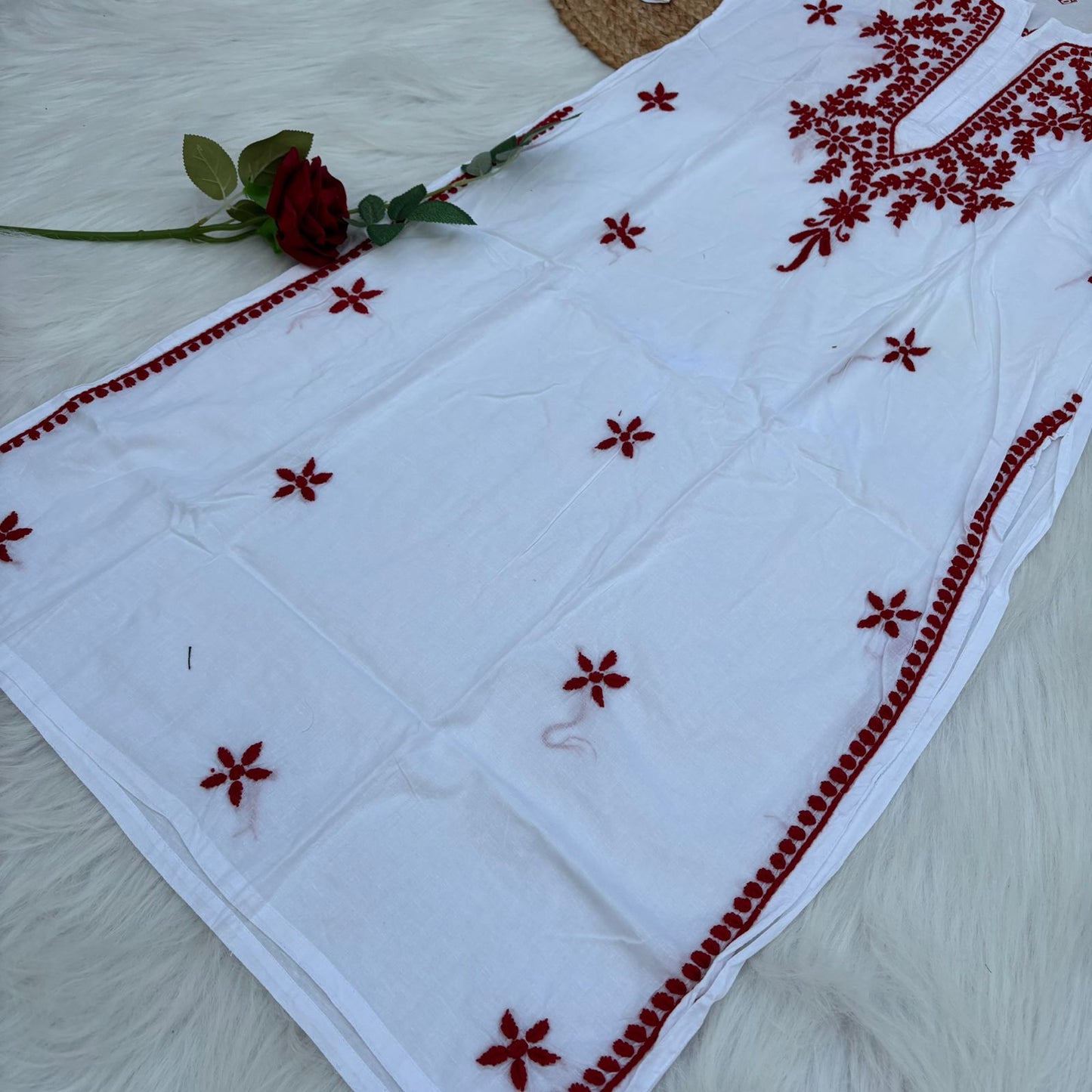 Shraddha Kapoor Inspired Pure Cotton Chikankari Kurti - Red Colour - Chikankaar