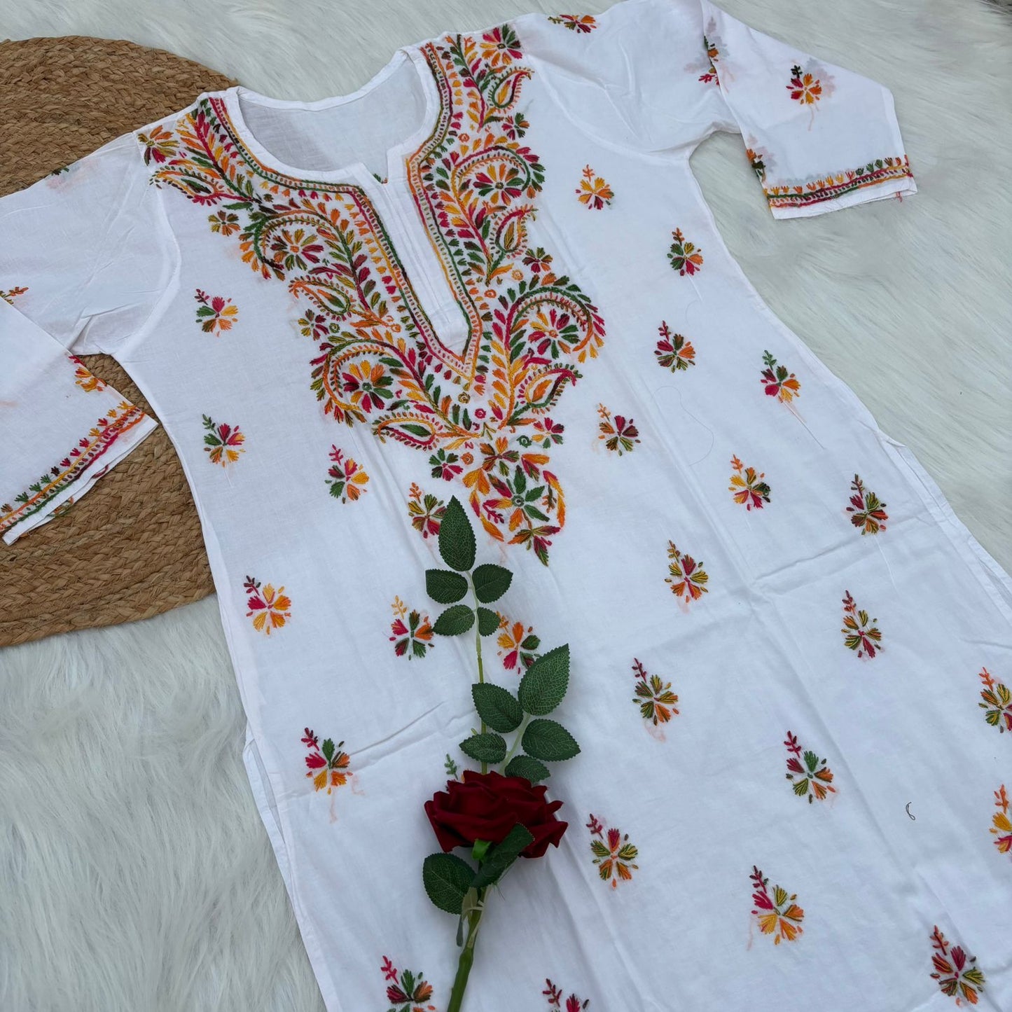 Nadia Pure Cotton Multi threaded Chikankari Kurti - White Colour - Chikankaar