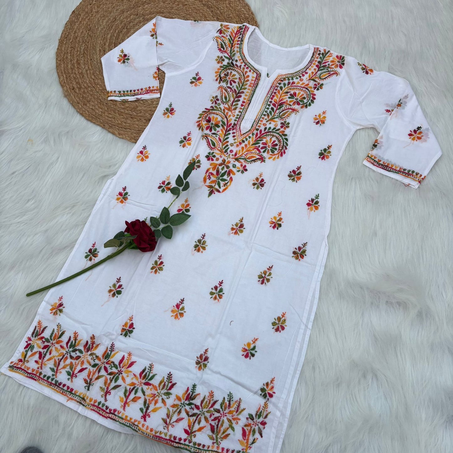 Nadia Pure Cotton Multi threaded Chikankari Kurti - White Colour - Chikankaar
