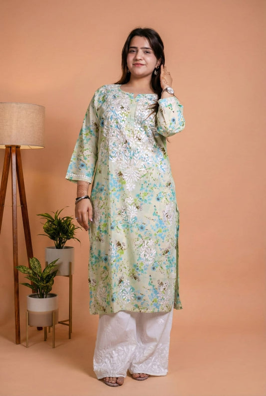 Fatima Pure Mulmul Chikankari Handwork Kurti - Sea Green Colour
