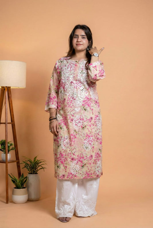 Fatima Pure Mulmul Chikankari Handwork Kurti - Pink Colour