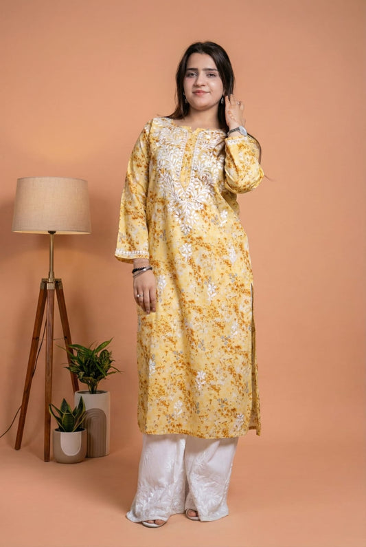Rania Pure Mulmul Chikankari Handwork Kurti - Yellow Colour