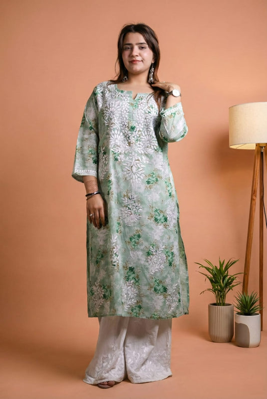Fawziya Pure Mulmul Chikankari Handwork Kurti - Dark Green Colour
