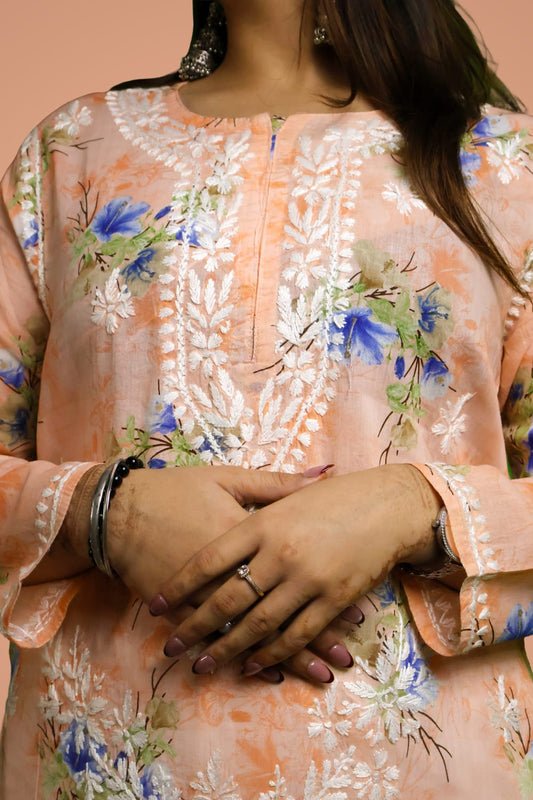 Rasha Pure Mulmul Chikankari Kurti - Peach Color
