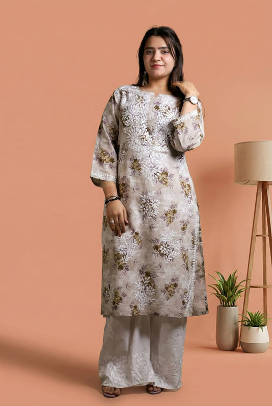Fawziya Pure Mulmul Chikankari Handwork Kurti - Brown Colour