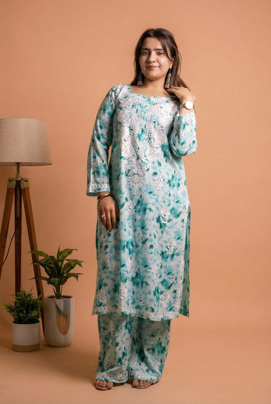 Aaliyah Mulmul Cotton Chikankari Kurti Set -Sea Green Colour