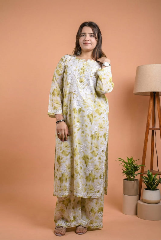 Aaliyah Mulmul Cotton Chikankari Kurti Set -Green Colour