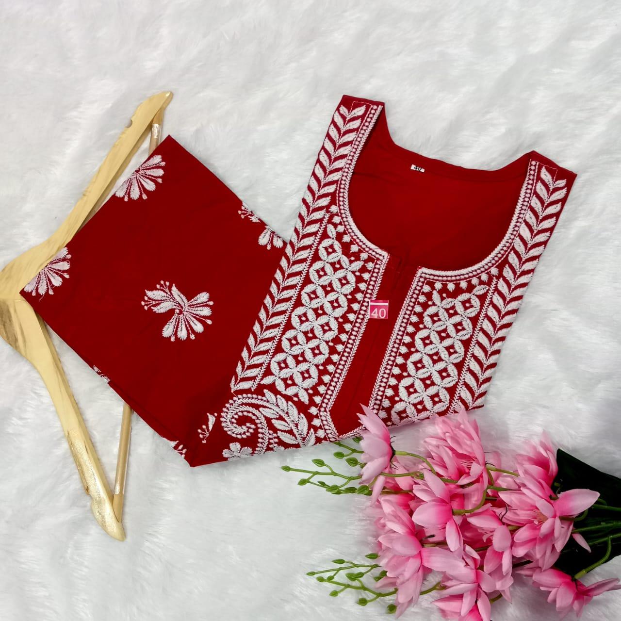 COTTON MACHINE WORK CHIKANKARI KURTI RED COLOUR - Chikankaar