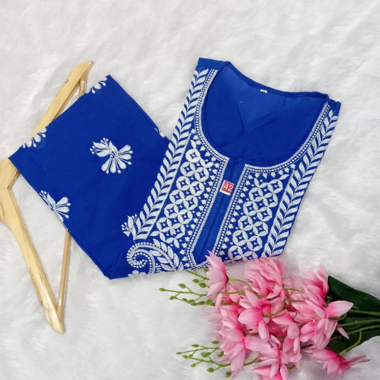 Cotton Machine Work Chikankari Kurti - Royal Blue Colour - Chikankaar