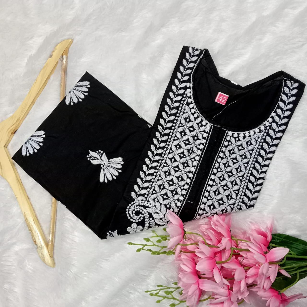 Cotton Machine Work Chikankari Kurti - Black Colour - Chikankaar
