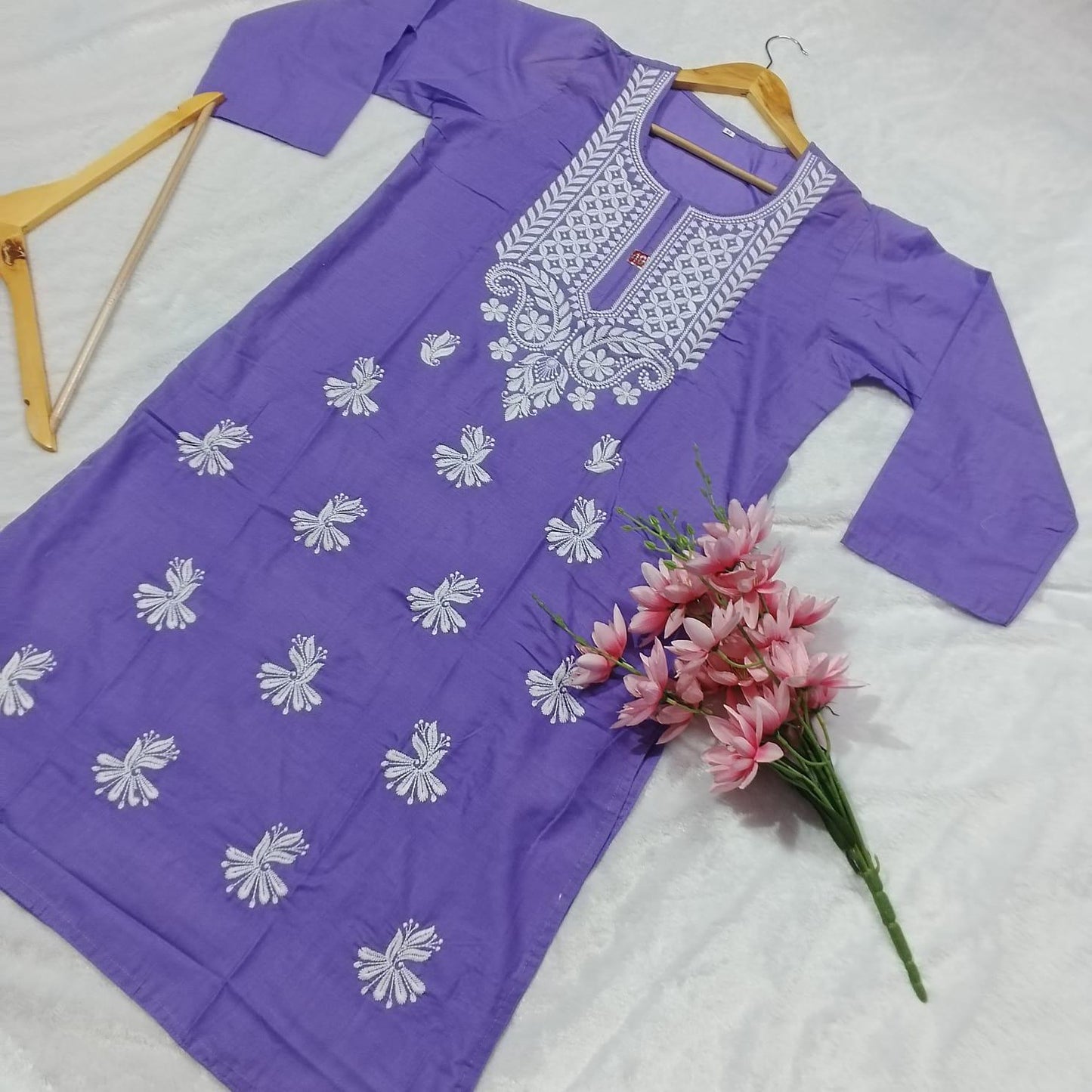 Cotton Machine Work Chikankari Kurti - Purple Colour - Chikankaar