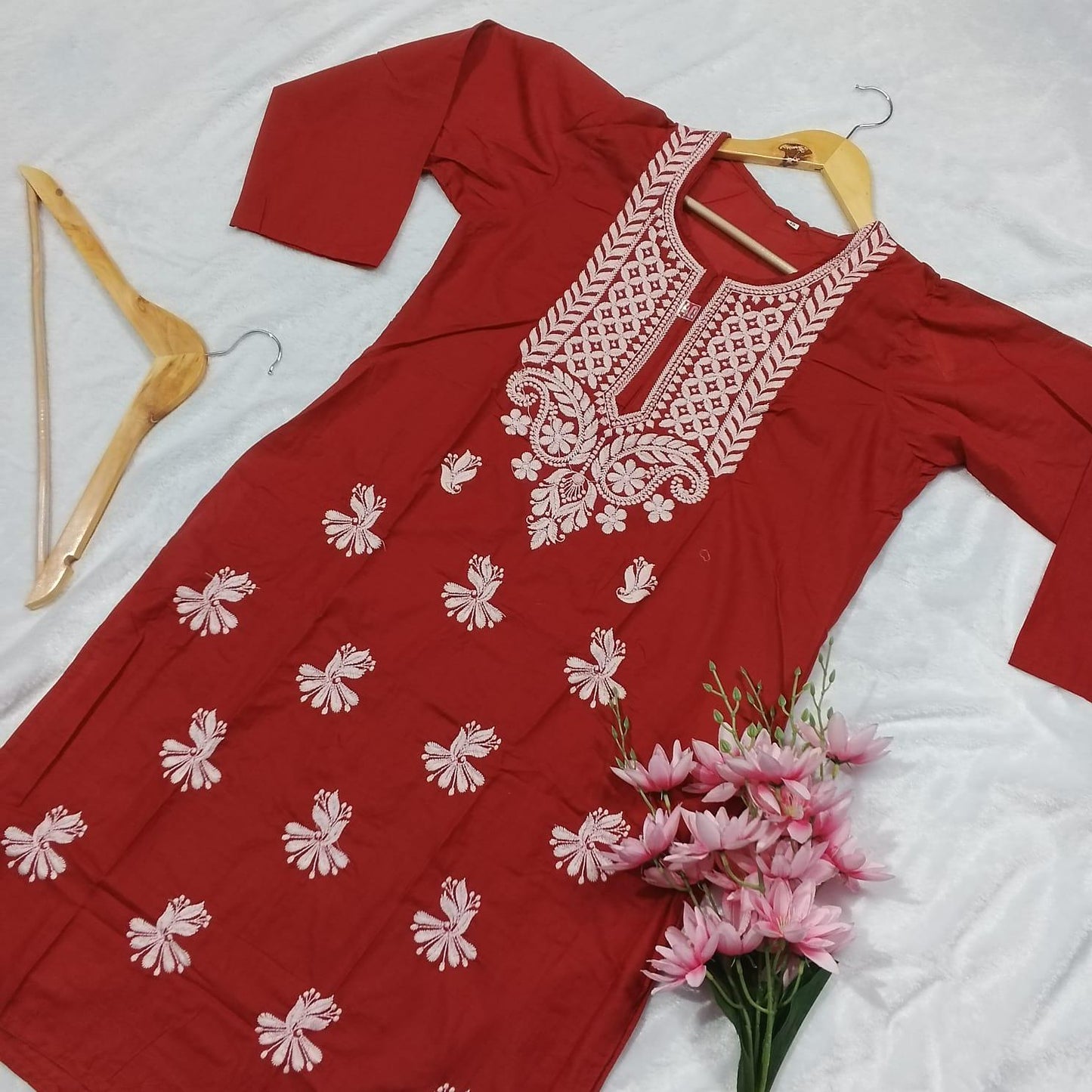 COTTON MACHINE WORK CHIKANKARI KURTI RED COLOUR - Chikankaar