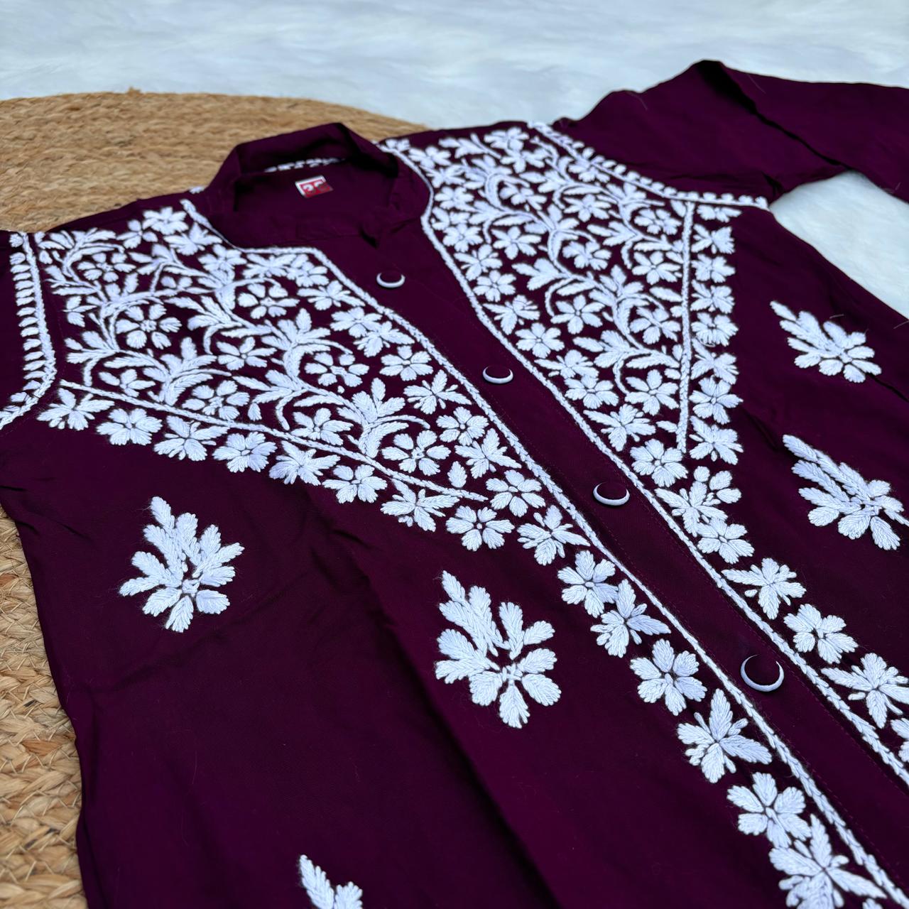 Rihana Rayon Chikankari Short Kurti Plazo Coord Set - Wine colour - Chikankaar