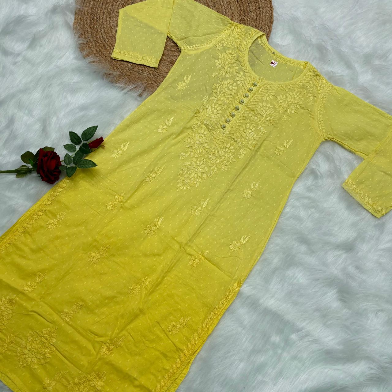 Adaah Ombre Shaded Dobby Cotton Chikankari Kurti -Yellow - Chikankaar
