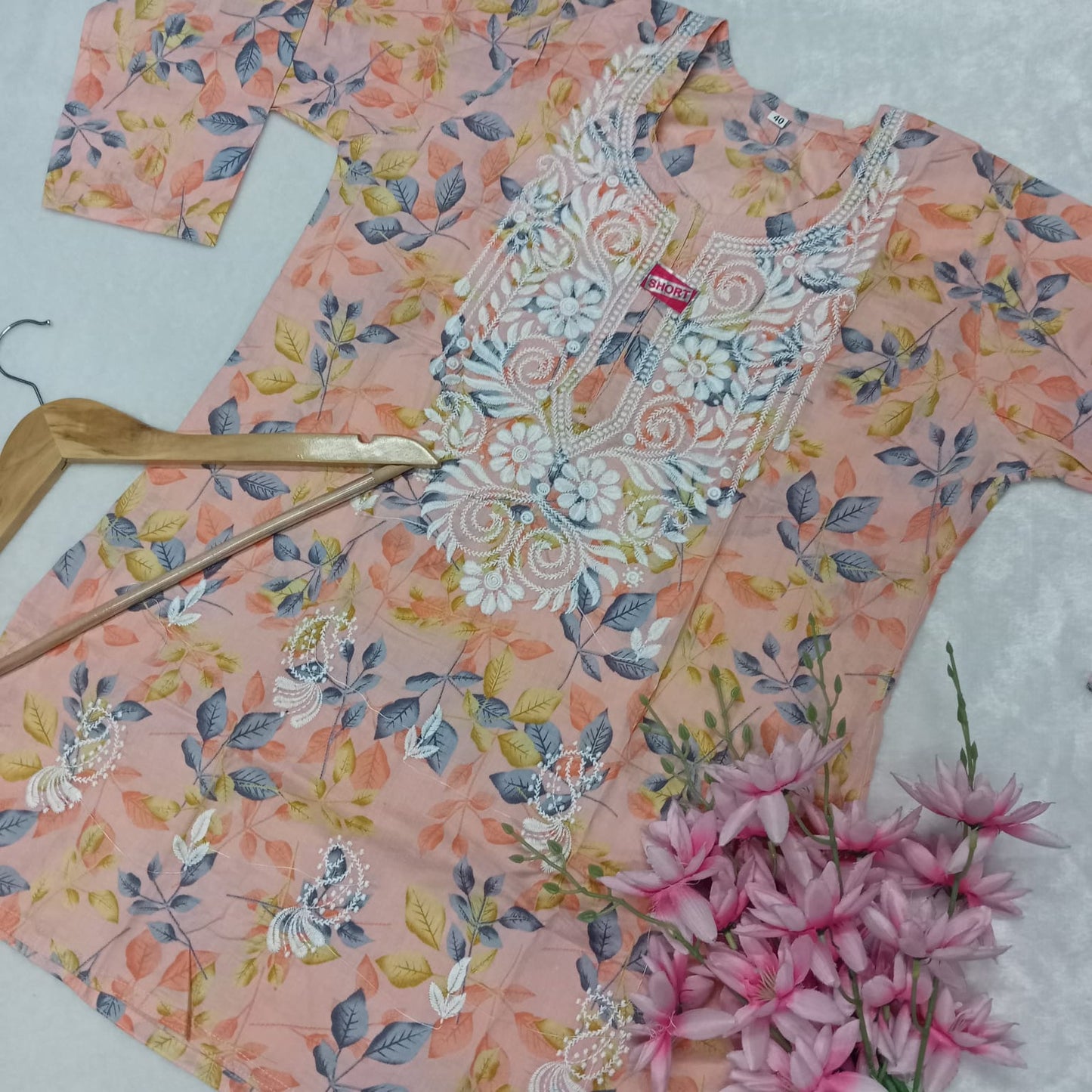Mulmul Cotton Chikankari Short Kurti - Peach Colour
