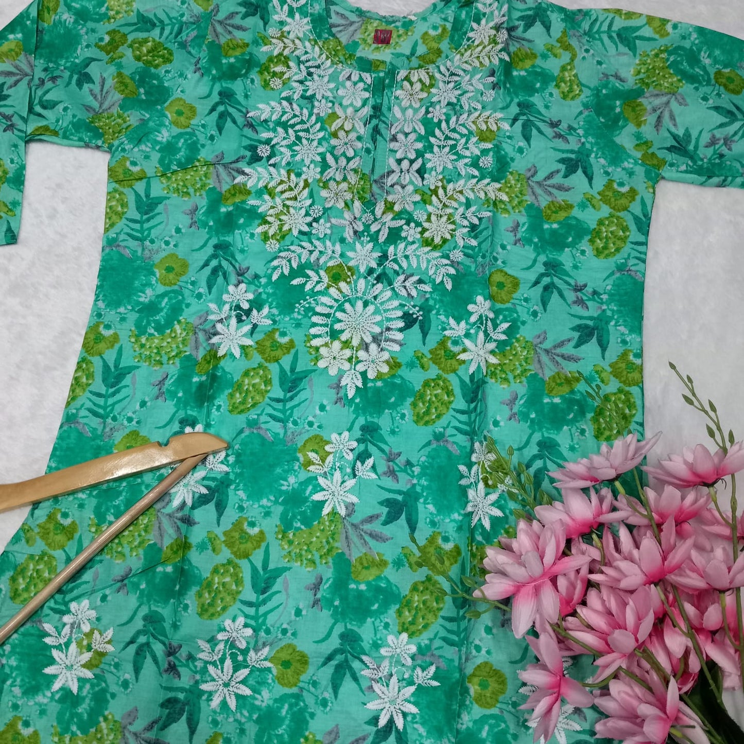 Mulmul Cotton Chikankari Machine Work Kurti - Sea Green Colour - Chikankaar