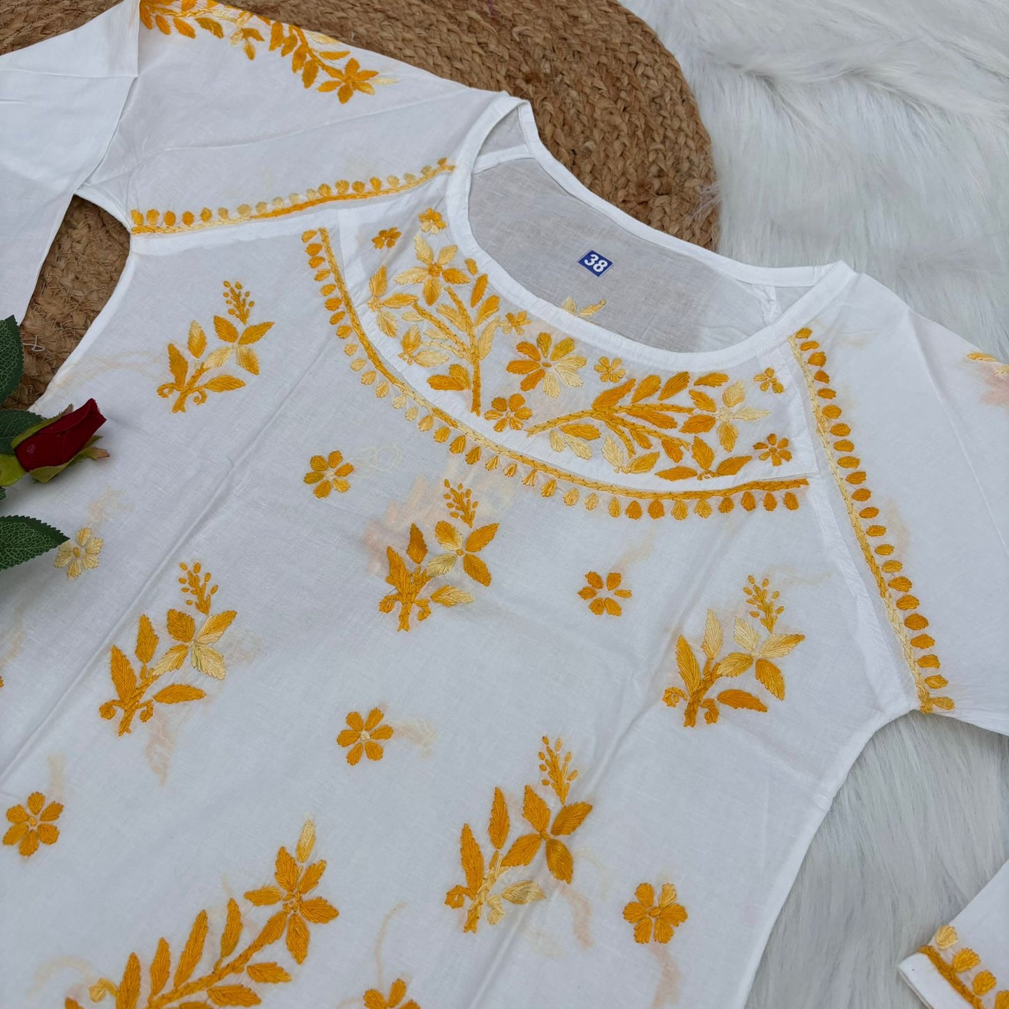 Alia Soft Rayon Chikankari Short Kurti - White Yellow Color - Chikankaar