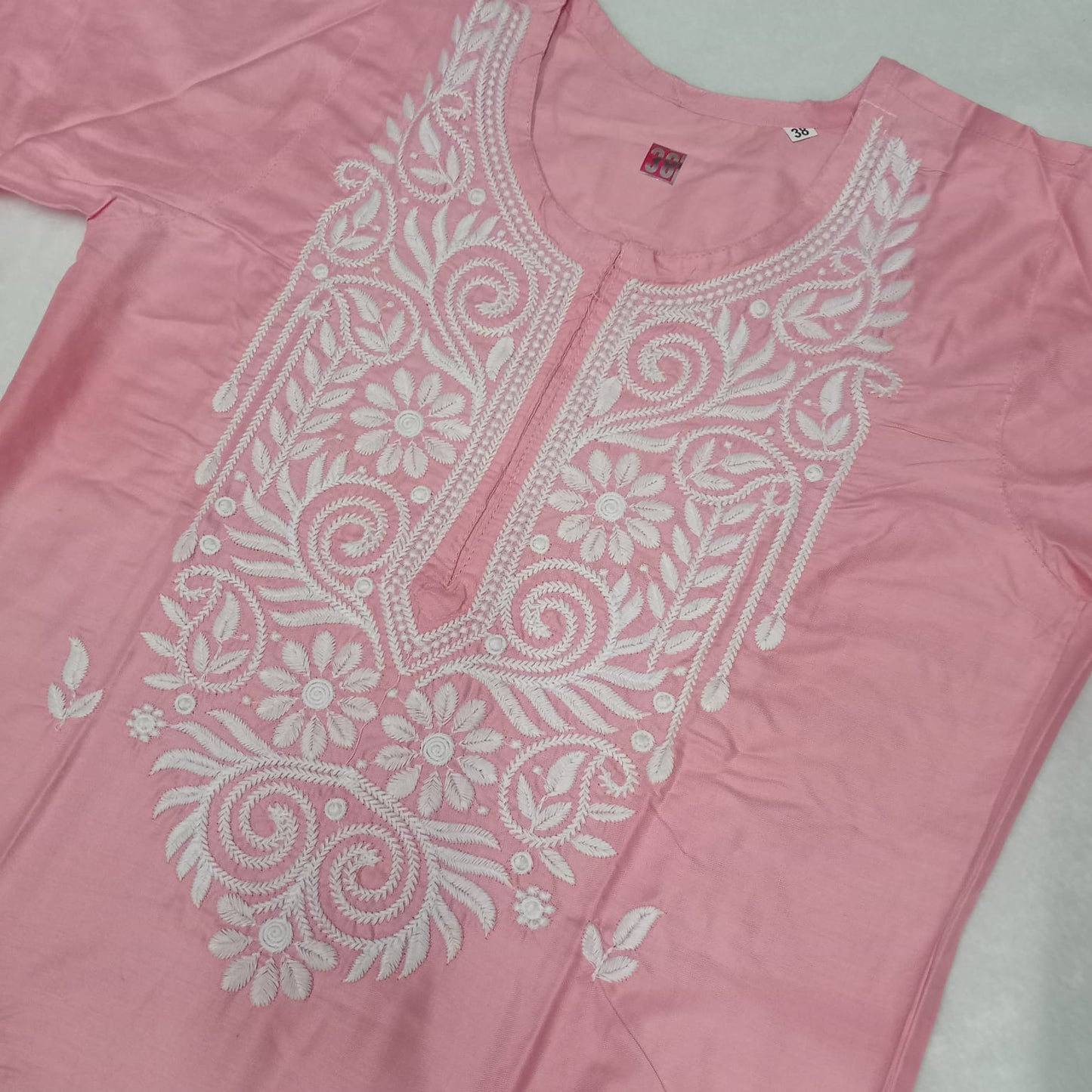 Rayon Chikankari Machine Work Kurti Plazo Set- Pink Colour - Chikankaar