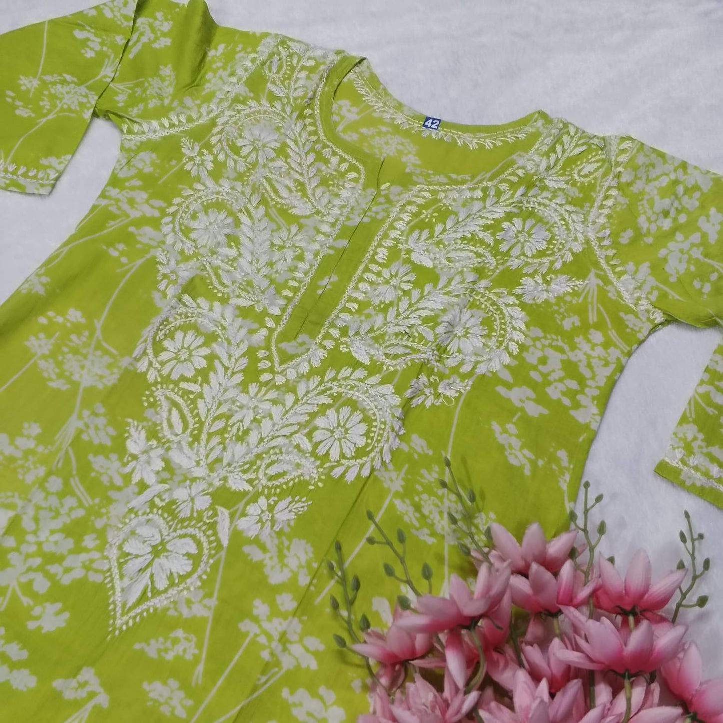 Pure Mulmul Printed Chikankari Kurti-Parrot Green Colour - Chikankaar