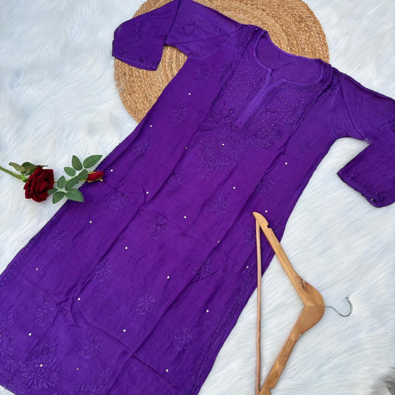 Rakul Preet Inspired Chikankari Muslin Kurti with Mukaish Work - Violet Colour - Chikankaar