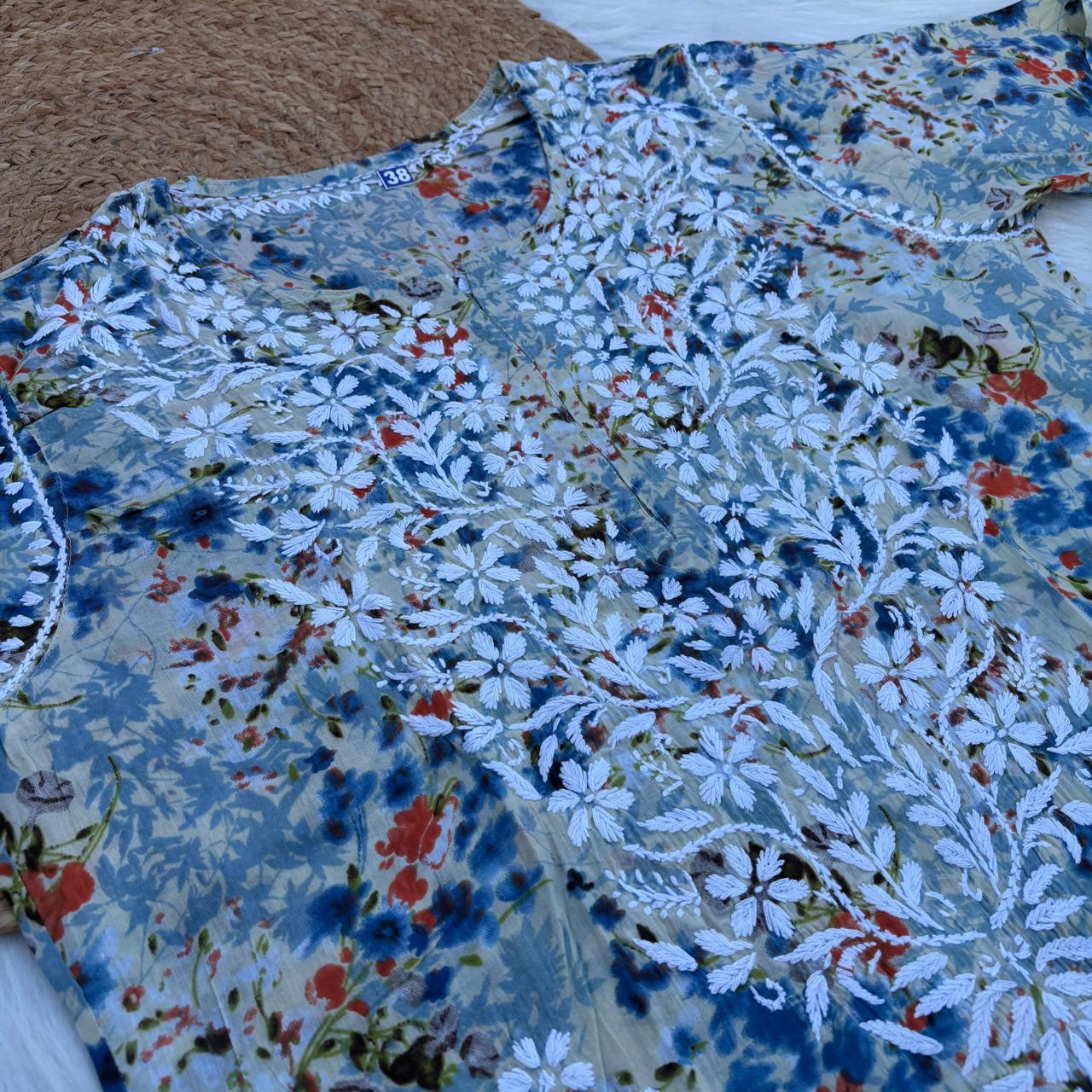 Fatima Pure Mulmul Chikankari Handwork Kurti - Blue Colour