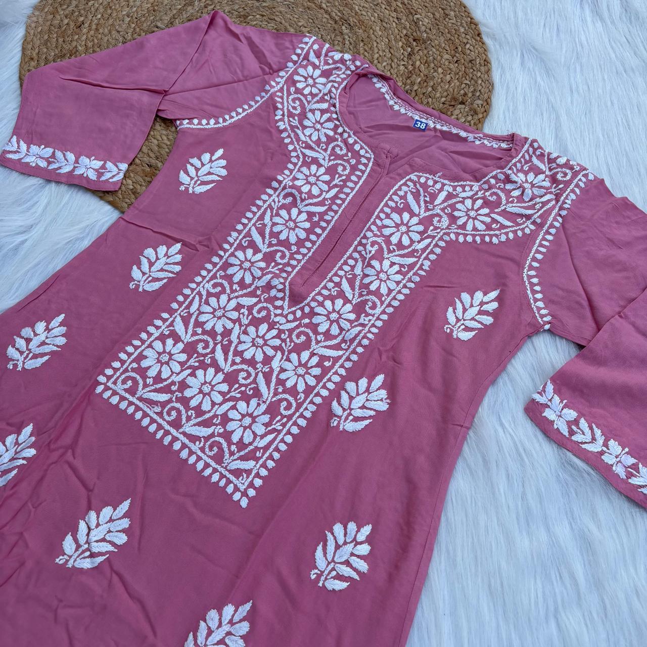 Soft Rayon Chikankari Kurti - Blush Colour