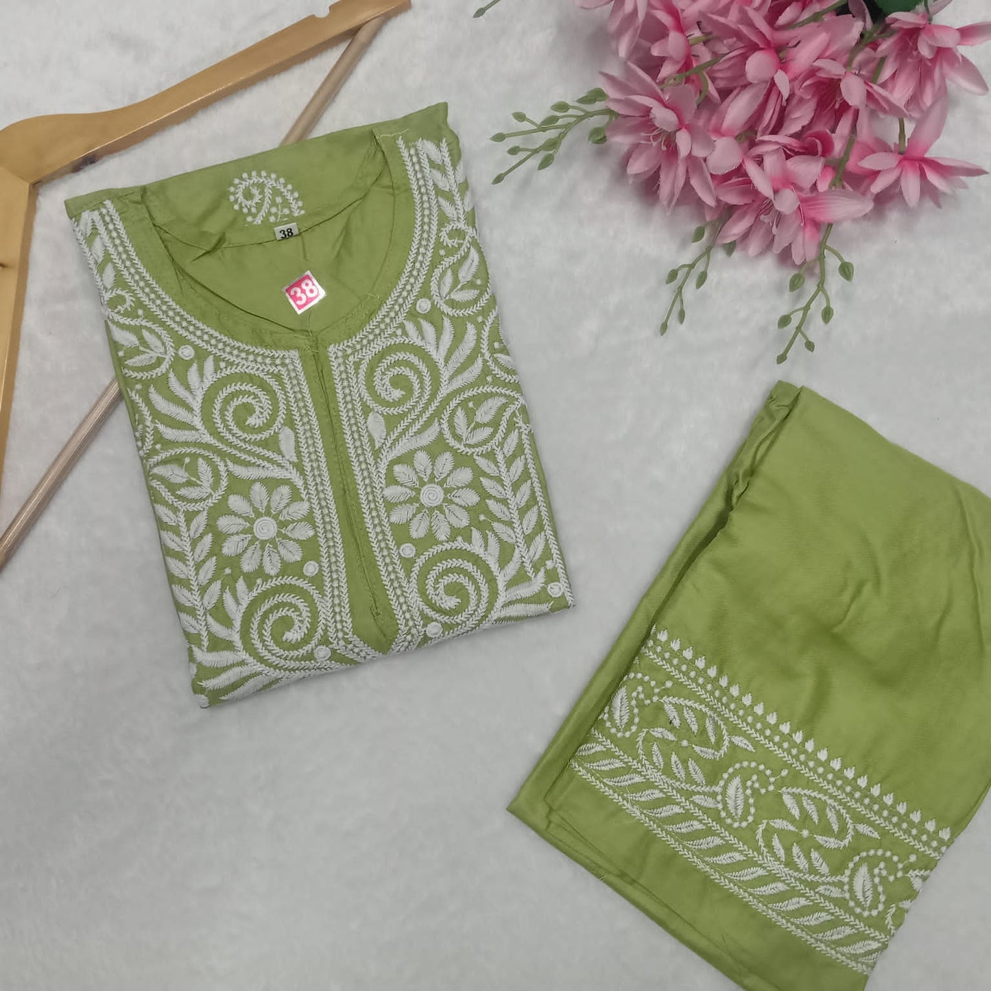 RAYON CHIKANKARI MACHINE WORK KURTI PLAZO SET- DARK GREEN COLOUR - Chikankaar