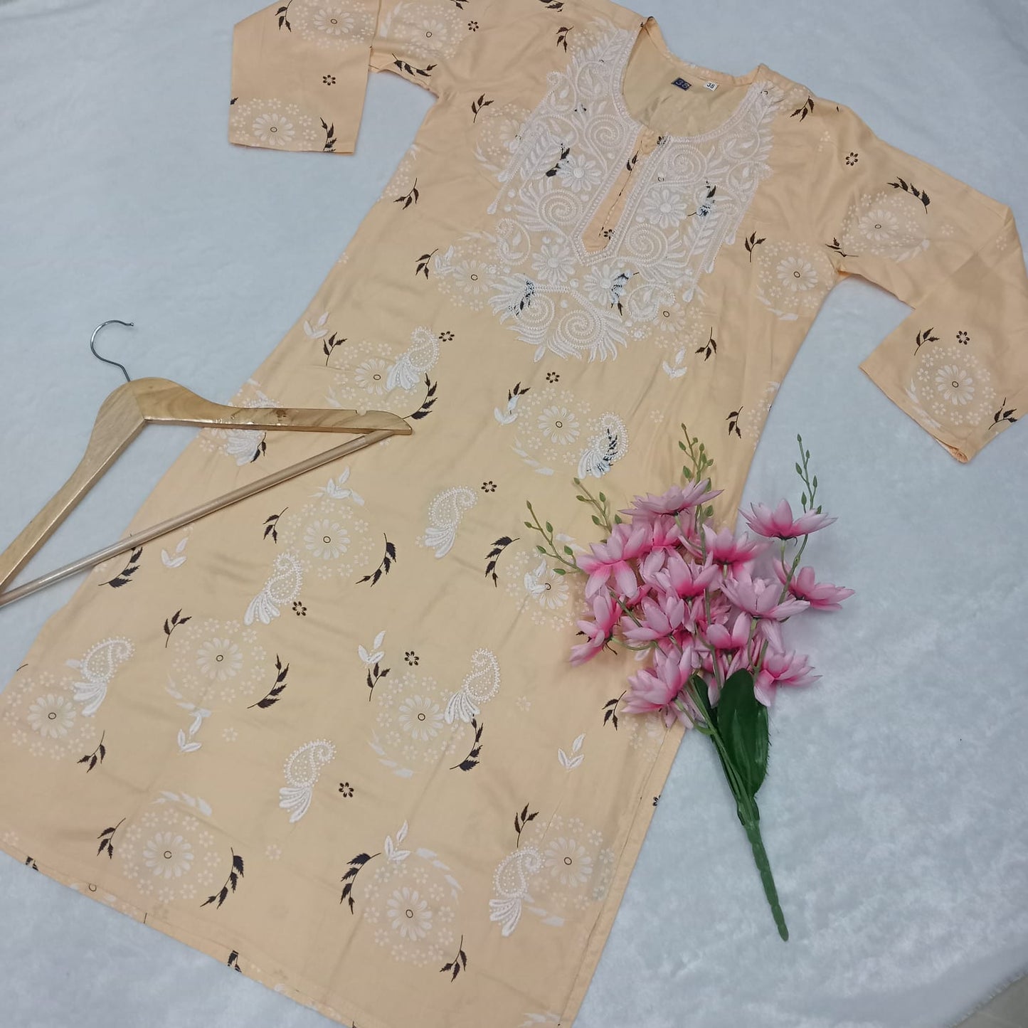 Rayon Chikankari Machine Work Kurti-Cream Colour - Chikankaar