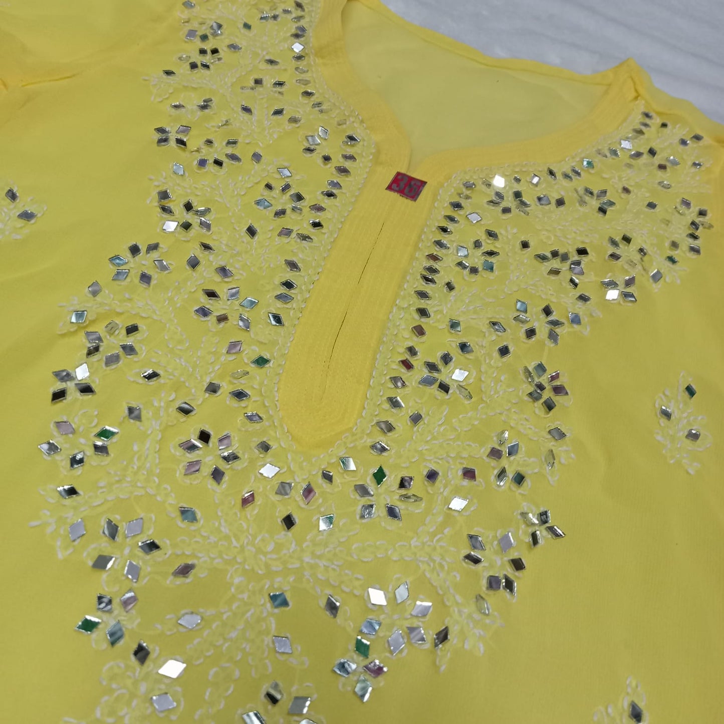 Georgette Mirror Work Chikankari Kurti With Inner - Yellow Colour - Chikankaar