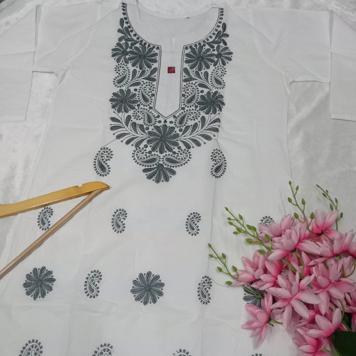 Pure Cotton Chikankari Machine Work Kurti - White Dark Grey Colour - Chikankaar