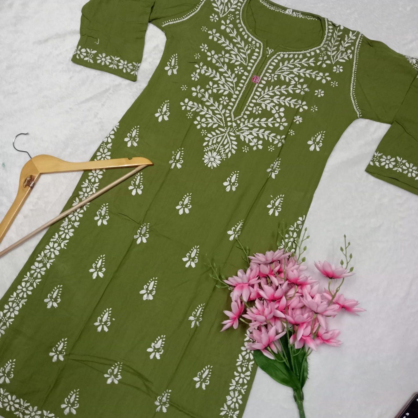 Soft Rayon Chikankari Ghaspatti Work Kurti Dark Green -Colour - Chikankaar
