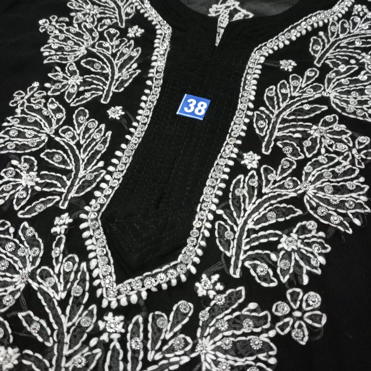 Stone Work Georgette Chikankari Kurti -Black Colour - Chikankaar