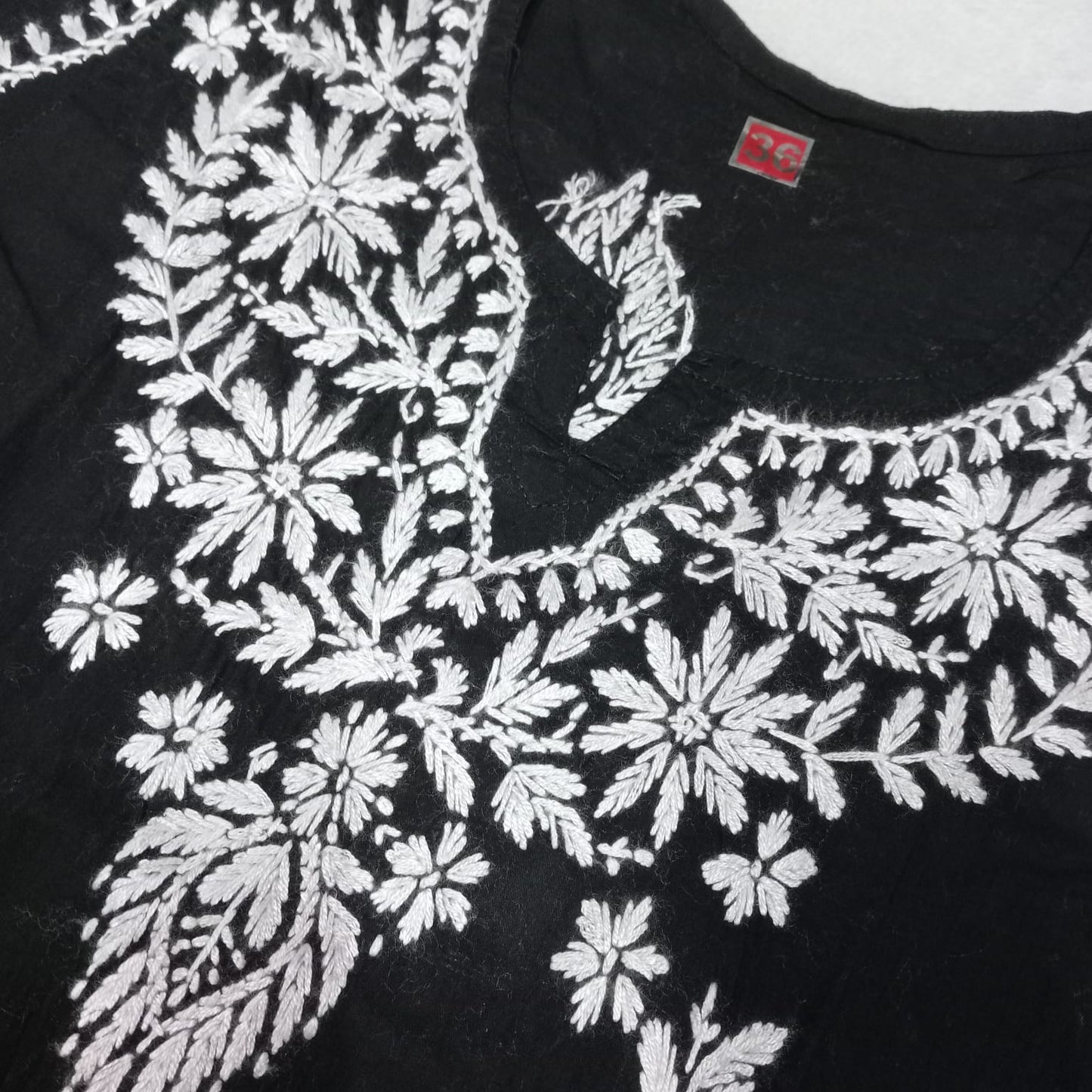 COTTON CHIKANKARI HANDWORK SHORT KURTI -BLACK COLOUR - Chikankaar