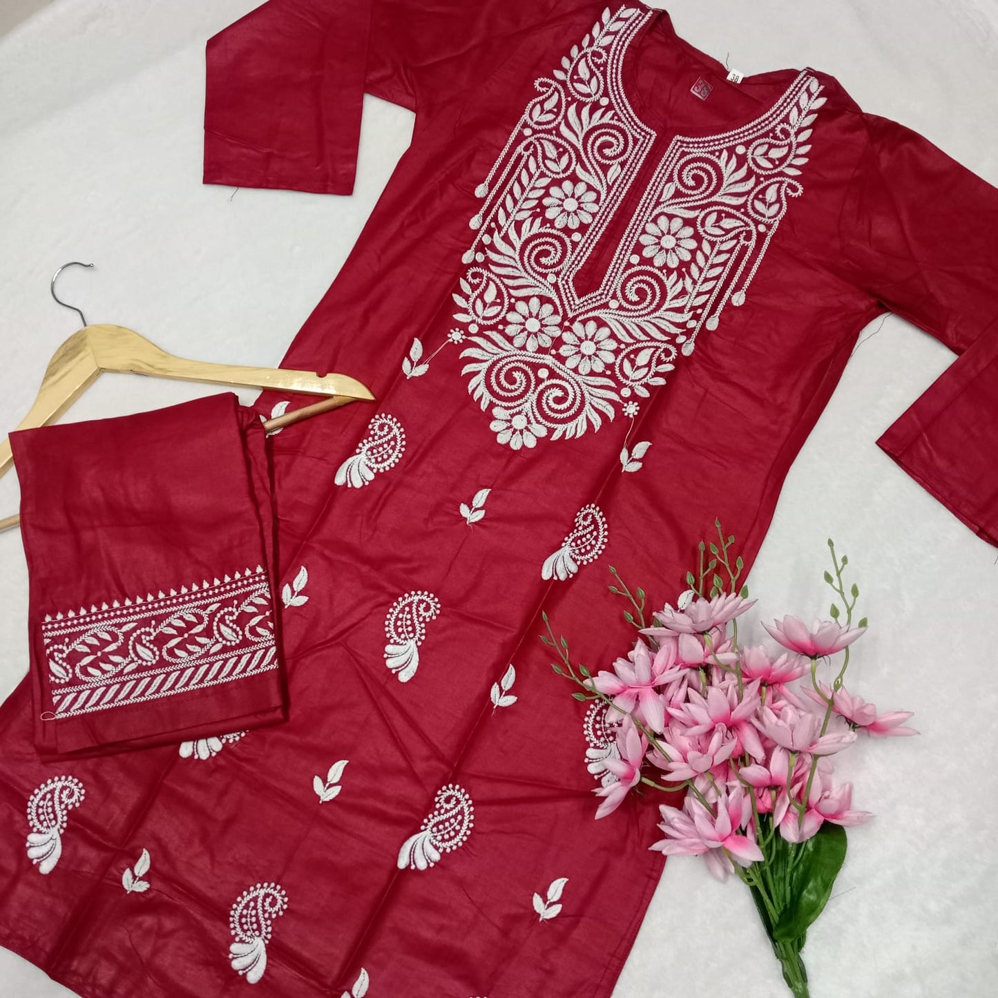 Rayon Chikankari Machine Work Kurti Plazo Set- Red Colour - Chikankaar