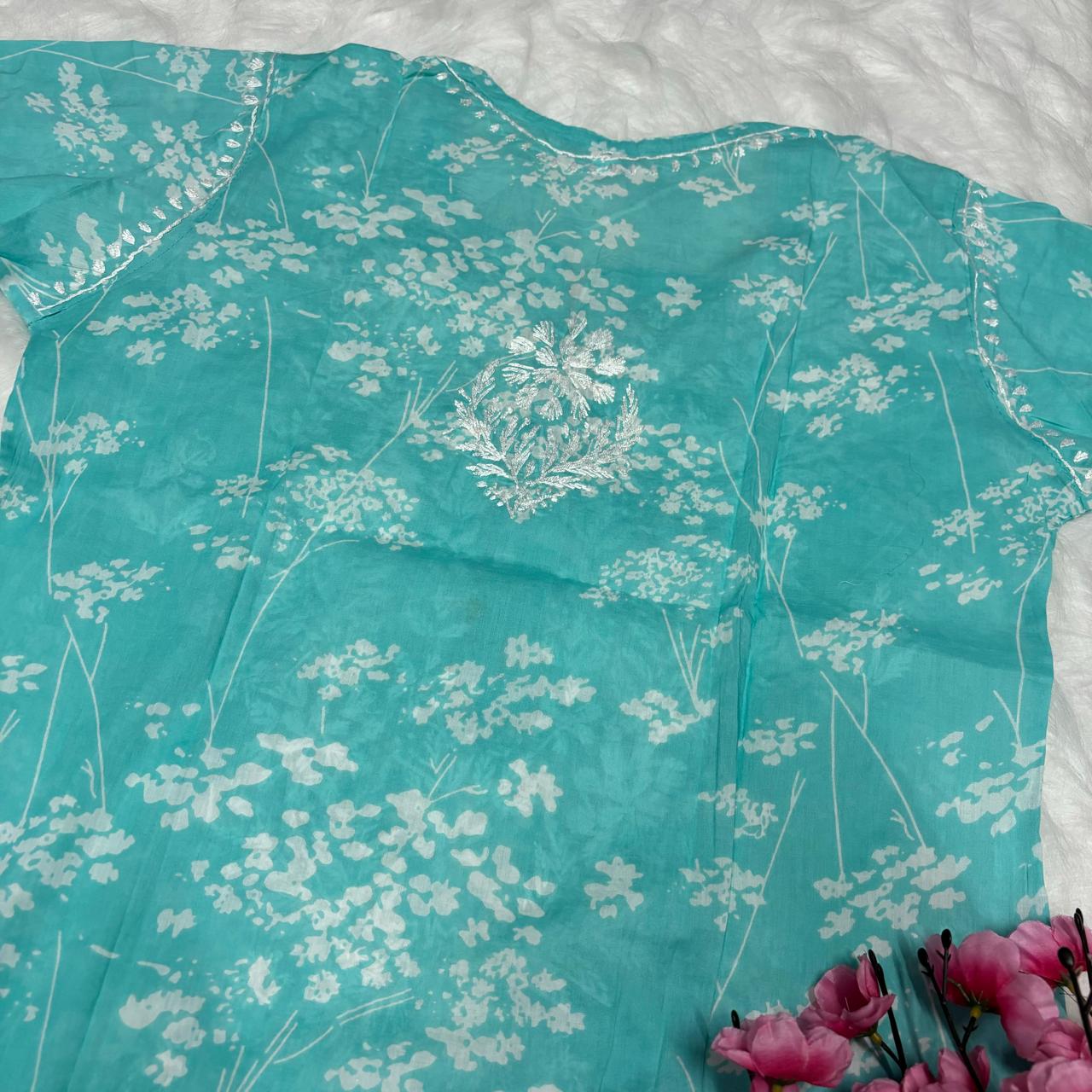 Mahira Sharma Inspired Pure Mulmul Printed Chikankari Handwork Kurti -Sea Green Colour - Chikankaar