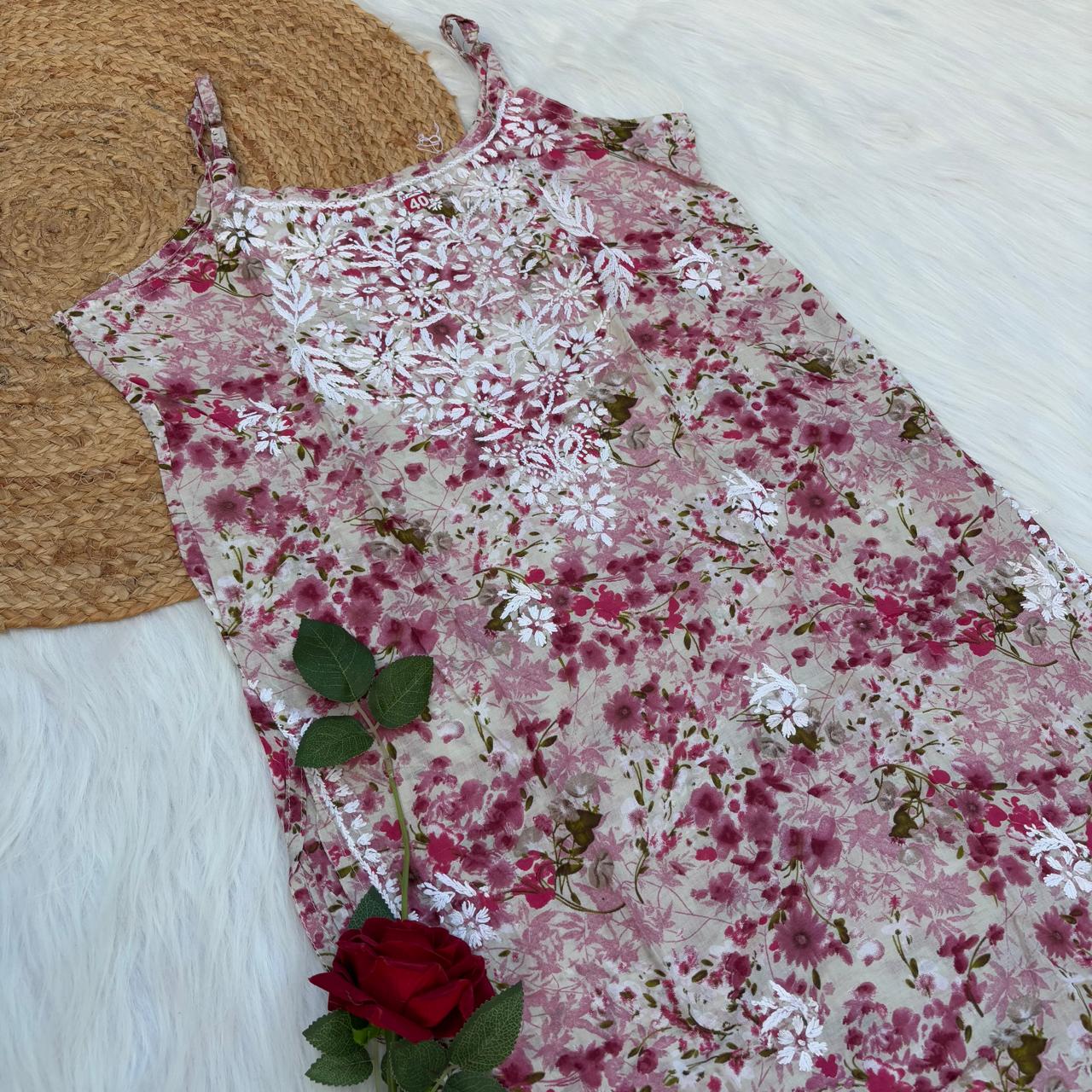 Hana Mulmul Chikankari Noodle Strap Short Kurti -Dark Pink colour (Length - 38")