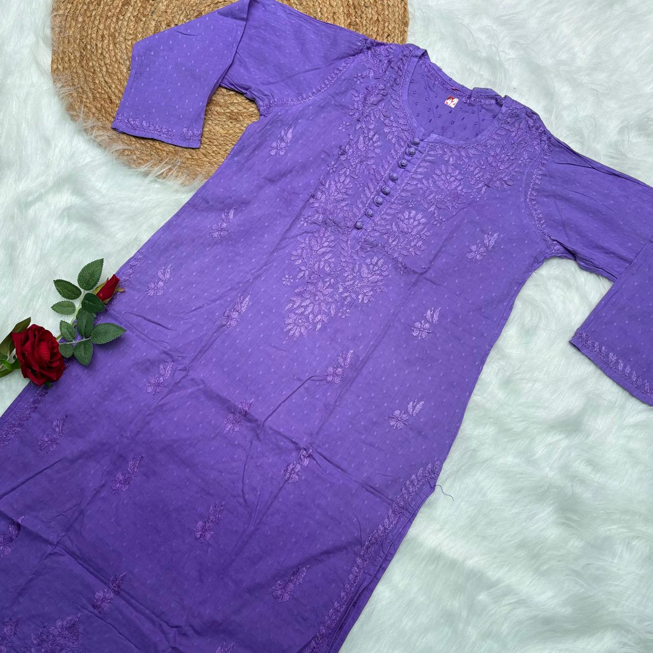 Adaah Ombre Shaded Dobby Cotton Chikankari Kurti - Purple - Chikankaar