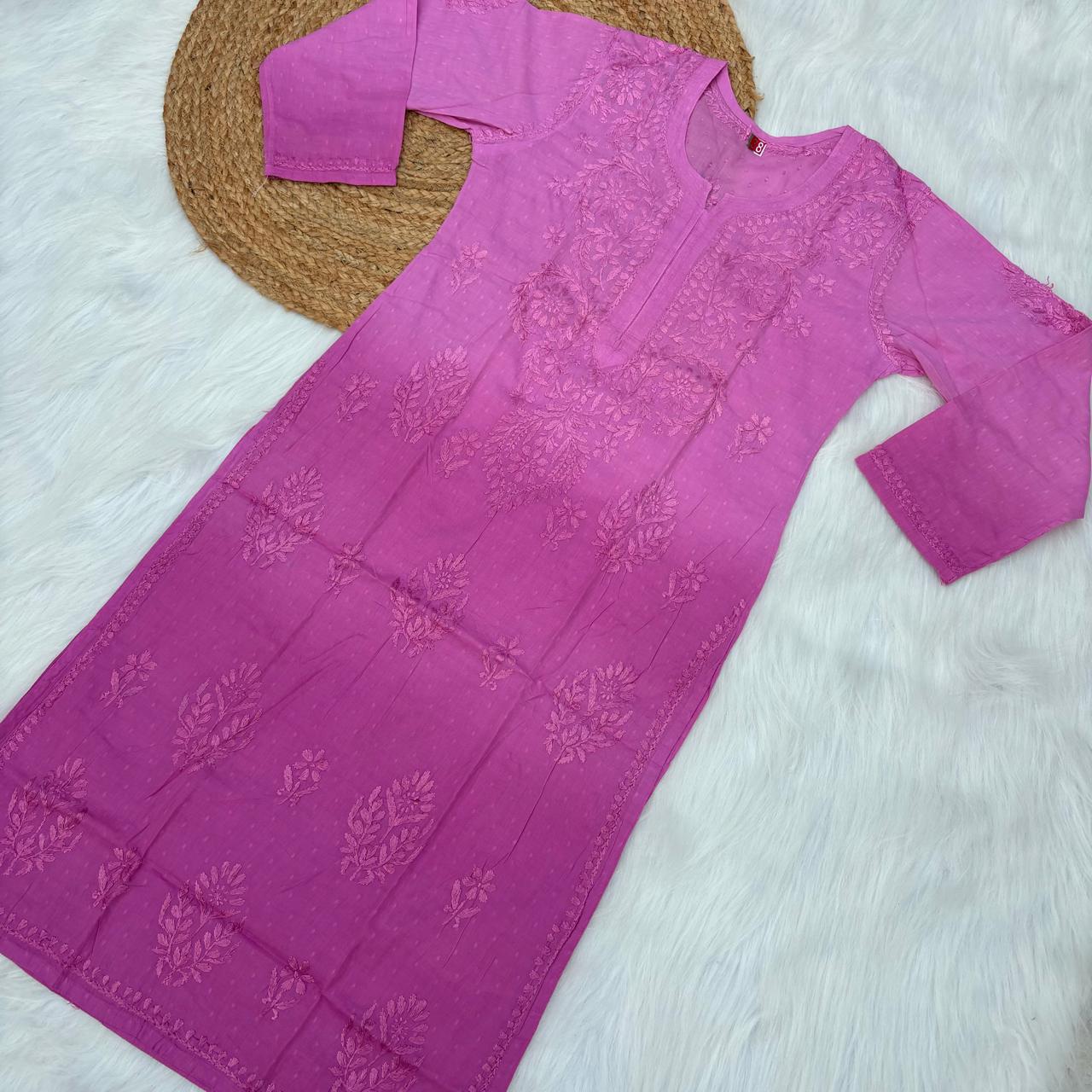 Tuba Ombre Shaded Dobby Cotton Chikankari Kurti - Fuchsia Colour - Chikankaar