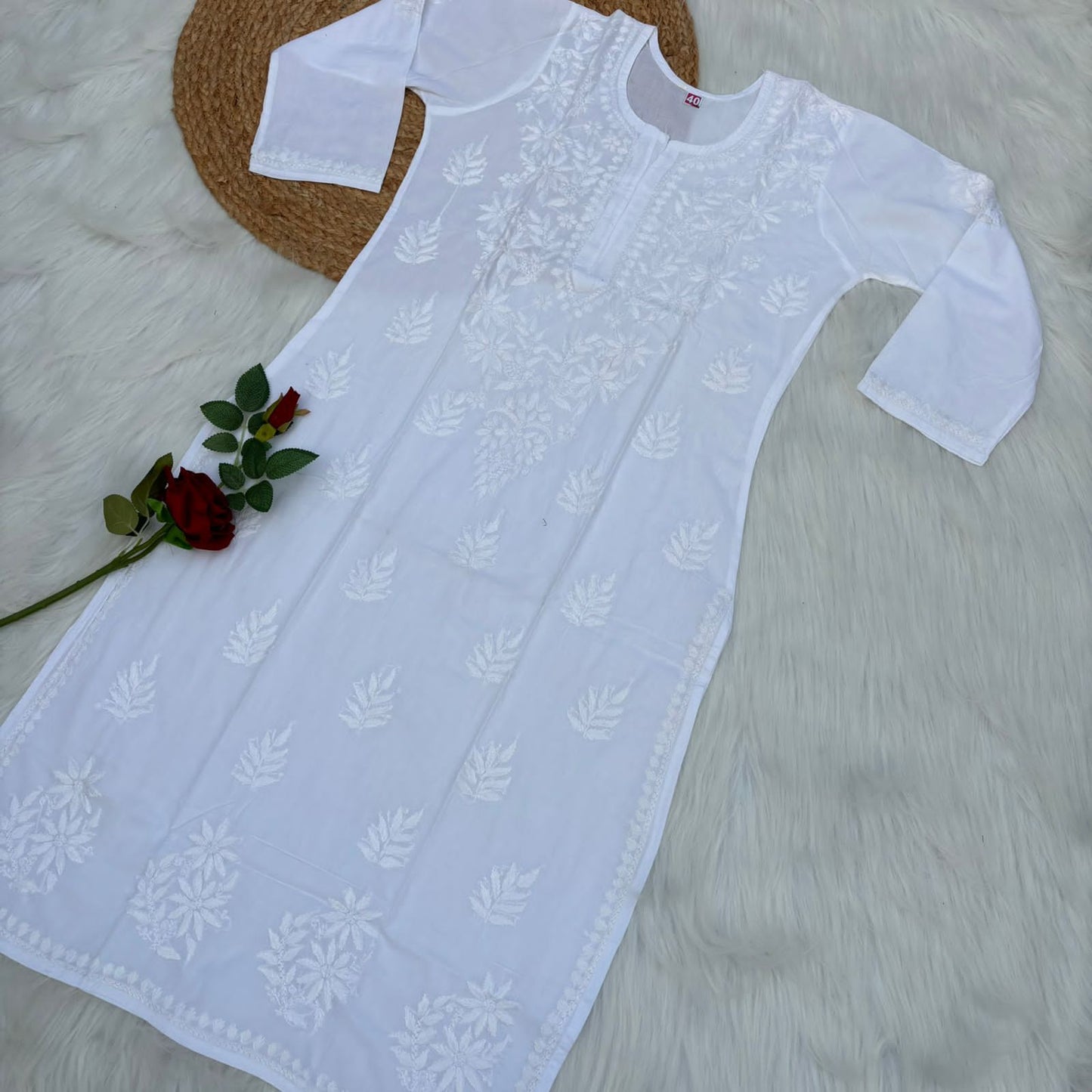 Arfa Pure Cotton Chikankari Kurti - White Color - Chikankaar