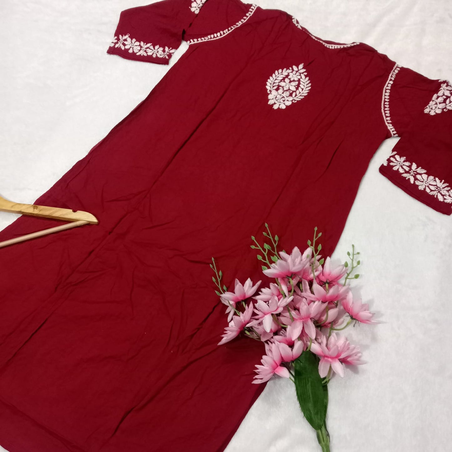 Premium Modal Silk Chikankari Kurti - Red Color - Chikankaar