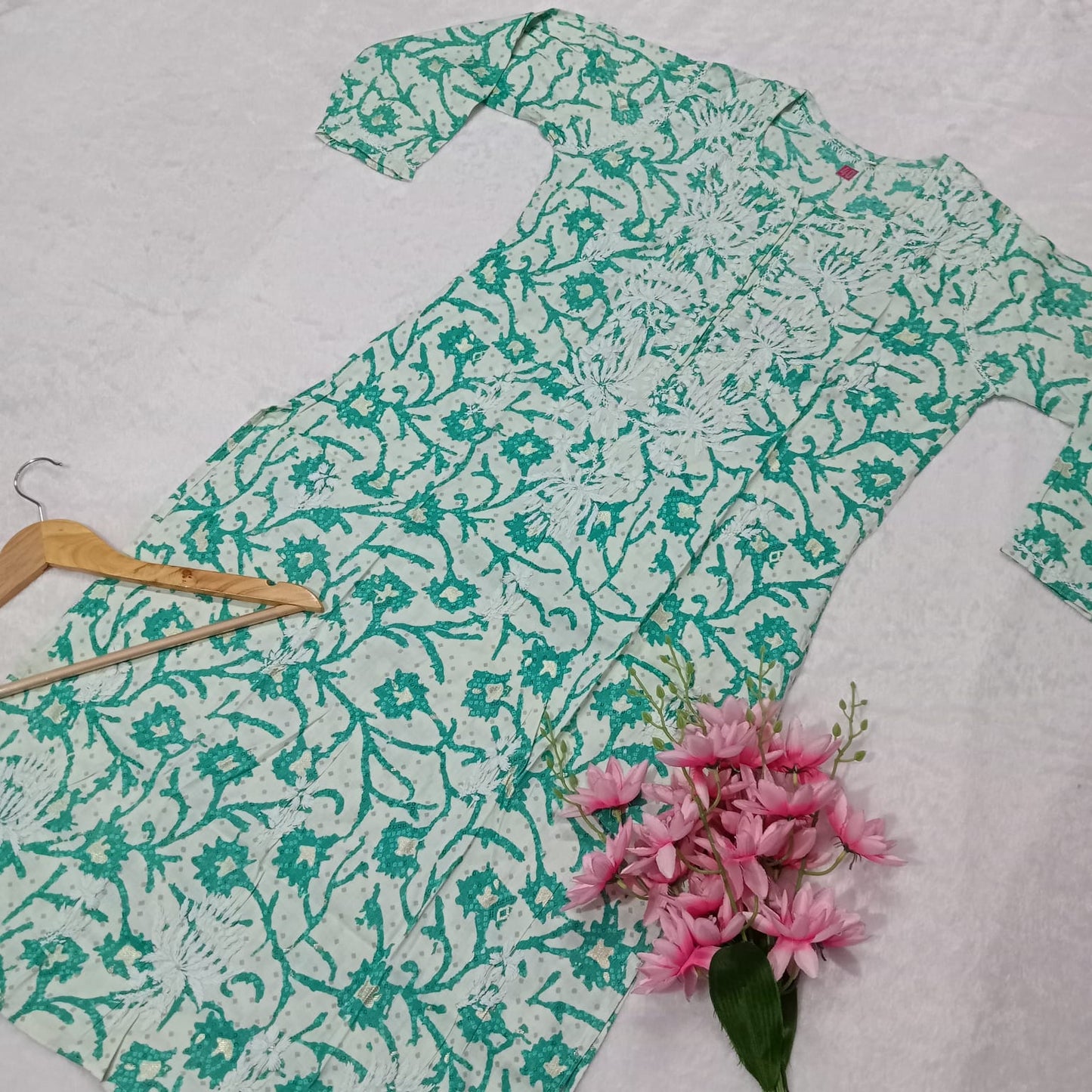 Modal Slub Chikankari Lotus Work Kurti -Sea Green Colour - Chikankaar