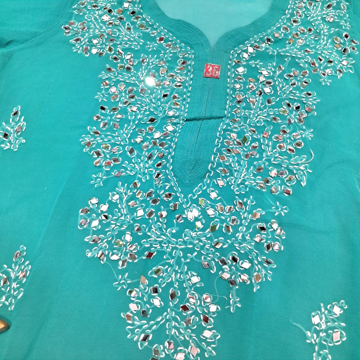Georgette Mirror Work Chikankari Kurti With Inner - Sea Green Colour - Chikankaar