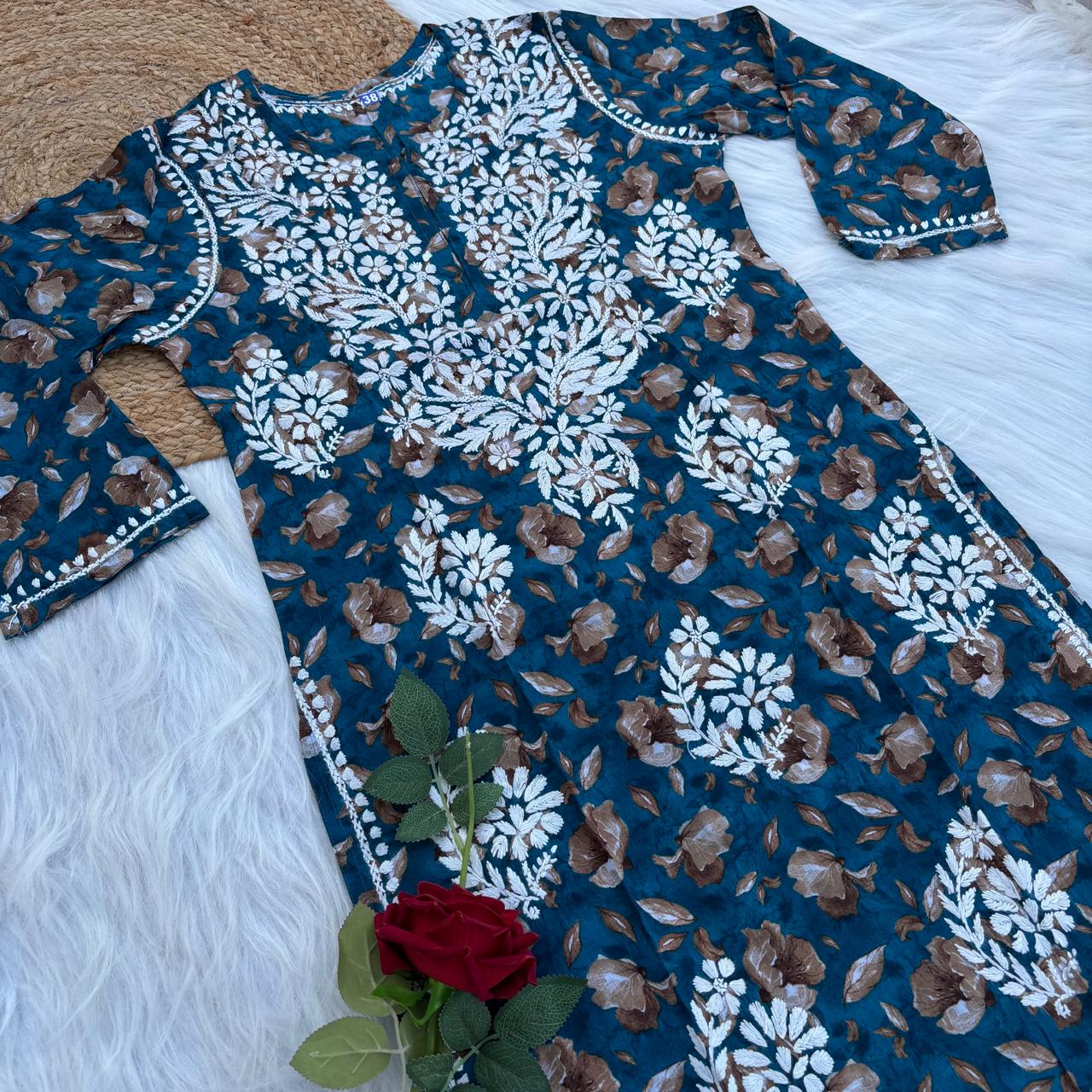 Sana Pure Mulmul Chikankari Handwork Kurti -Sea Green Colour