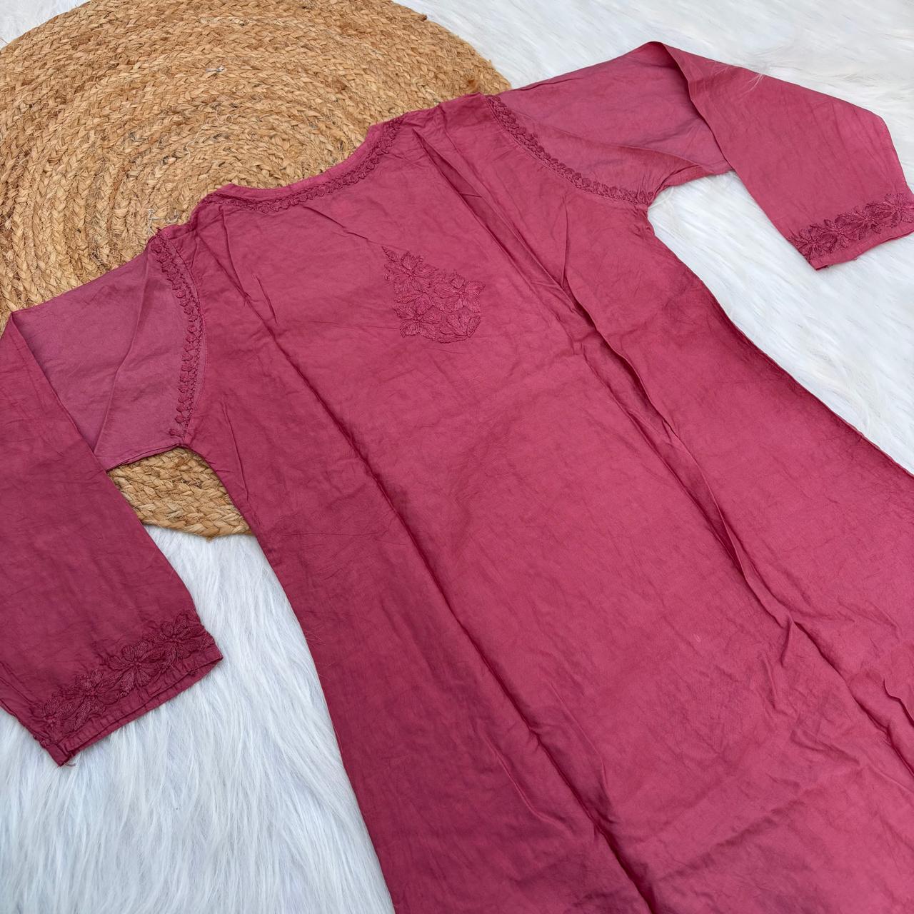 Zooni Chanderi Lucknowi Chikankari Dyed Kurti-Magenta colour